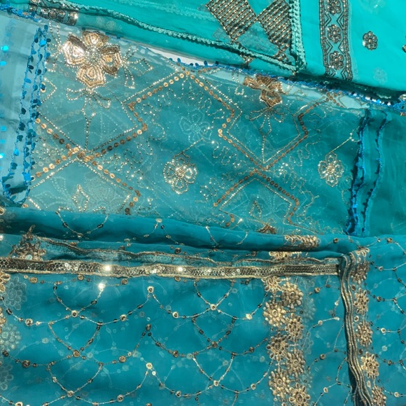 Set of 3 Vintage Embroidered Dupattas, Shades of BlueGreen, lots of bling, GUC - Picture 5 of 5